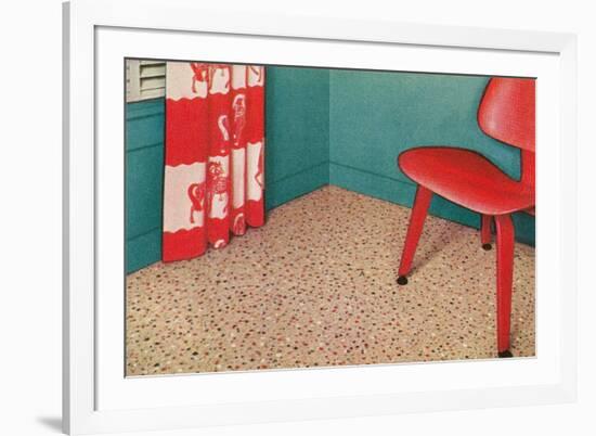 1950s Corner Interior with Red Chair and Curtains-null-Framed Art Print