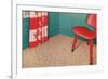 1950s Corner Interior with Red Chair and Curtains-null-Framed Art Print