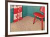 1950s Corner Interior with Red Chair and Curtains-null-Framed Art Print