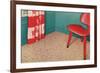 1950s Corner Interior with Red Chair and Curtains-null-Framed Art Print