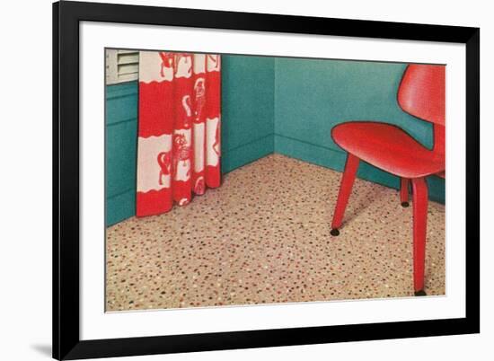 1950s Corner Interior with Red Chair and Curtains-null-Framed Art Print