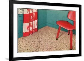 1950s Corner Interior with Red Chair and Curtains-null-Framed Art Print