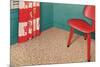 1950s Corner Interior with Red Chair and Curtains-null-Mounted Art Print