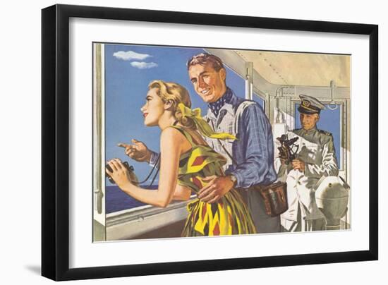 1950s Couple in Cockpit of Cruise Ship-null-Framed Art Print