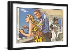 1950s Couple in Cockpit of Cruise Ship-null-Framed Art Print