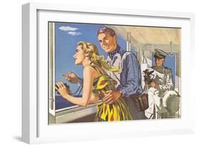 1950s Couple in Cockpit of Cruise Ship-null-Framed Art Print