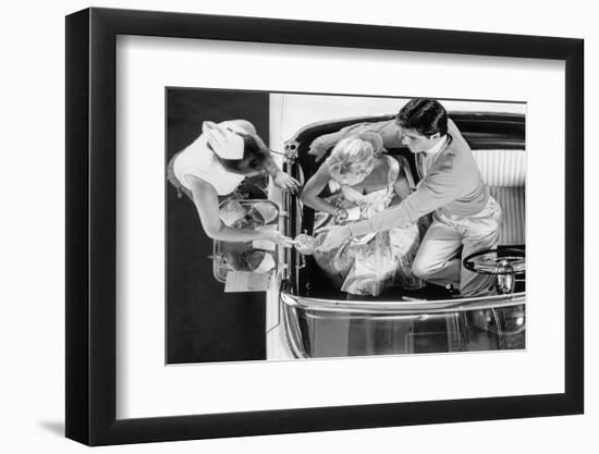 1950s DRIVE-IN RESTAURANT CARHOP WAITRESS ON ROLLER SKATES SERVING COUPLE IN 1955 T-BIRD CAR BUR...-H. Armstrong Roberts-Framed Photographic Print