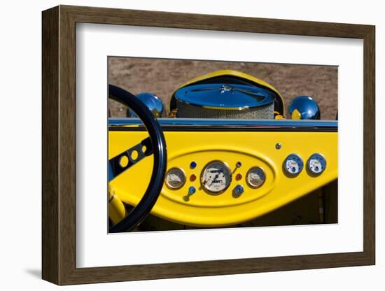 1950s Hot Road dashboard at antique car show, Cape Ann, Gloucester, Massachusetts, USA-null-Framed Photographic Print