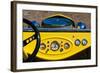 1950s Hot Road dashboard at antique car show, Cape Ann, Gloucester, Massachusetts, USA-null-Framed Photographic Print