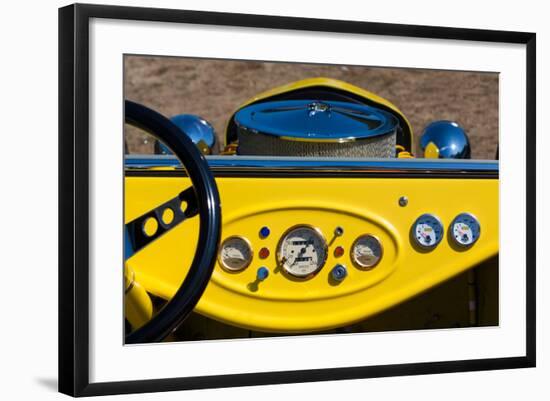 1950s Hot Road dashboard at antique car show, Cape Ann, Gloucester, Massachusetts, USA-null-Framed Photographic Print