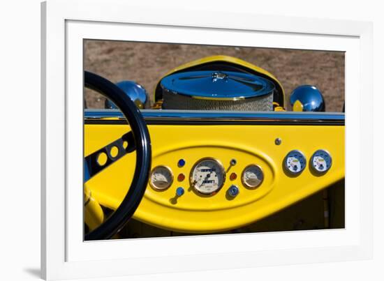 1950s Hot Road dashboard at antique car show, Cape Ann, Gloucester, Massachusetts, USA-null-Framed Photographic Print