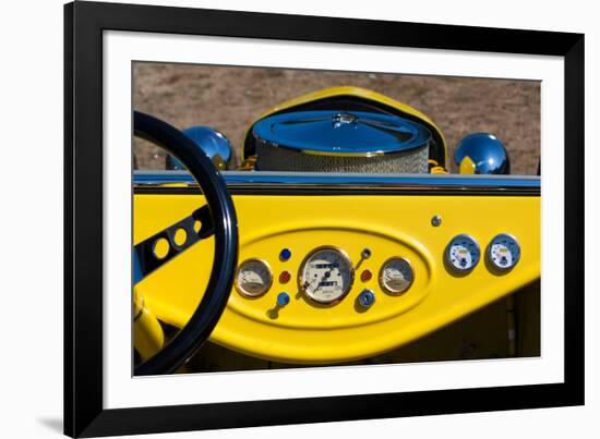 1950s Hot Road dashboard at antique car show, Cape Ann, Gloucester, Massachusetts, USA-null-Framed Photographic Print