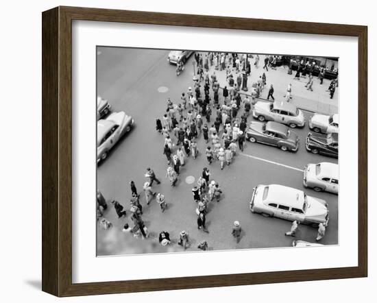 1950s New York City, NY 5th Avenue Overhead View of Traffic and Pedestrians Crossing Street-null-Framed Premium Photographic Print