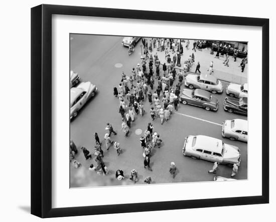 1950s New York City, NY 5th Avenue Overhead View of Traffic and Pedestrians Crossing Street-null-Framed Photographic Print