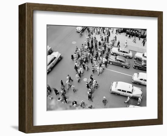 1950s New York City, NY 5th Avenue Overhead View of Traffic and Pedestrians Crossing Street-null-Framed Photographic Print