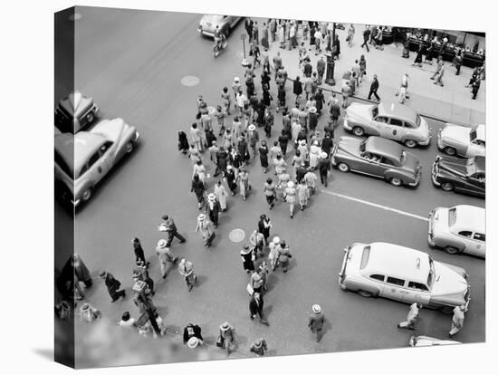 1950s New York City, NY 5th Avenue Overhead View of Traffic and Pedestrians Crossing Street-null-Stretched Canvas