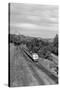 1950s Overhead View of Streamlined Front Cab Diesel Locomotive Passenger Railroad Train Passing-null-Stretched Canvas