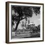 1950s Paris, France Tourist Couple Man with Camera Photographing Woman Notre Dame Cathedral-null-Framed Photographic Print