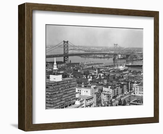1950s Philadelphia,, PA  Looking Northeast Past Delaware River Waterfront to Benjamin Franklin-null-Framed Photographic Print