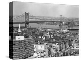 1950s Philadelphia,, PA  Looking Northeast Past Delaware River Waterfront to Benjamin Franklin-null-Stretched Canvas