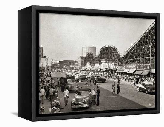 1950s ROLLER COASTER CROWDED STREETS PARKED CARS CONEY ISLAND BROOKLYN NEW YORK USA-Panoramic Images-Framed Stretched Canvas