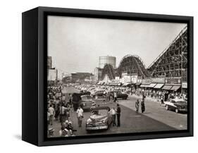 1950s ROLLER COASTER CROWDED STREETS PARKED CARS CONEY ISLAND BROOKLYN NEW YORK USA-Panoramic Images-Framed Stretched Canvas