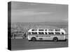 1950s Sightseeing Tour Bus Parked at Twin Peaks for View of San Francisco and Bay Area California-null-Stretched Canvas