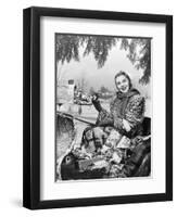 1950s SMILING WOMAN LOOKING AT CAMERA RIDING IN SLEIGH WEARING LEOPARD SKIN FUR COAT AT MAILBOX...-Panoramic Images-Framed Photographic Print