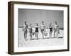 1950s THREE TEENAGE COUPLES WALKING ON BEACH CARRYING PICNIC BASKET AND COOLER-Panoramic Images-Framed Photographic Print