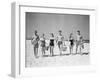 1950s THREE TEENAGE COUPLES WALKING ON BEACH CARRYING PICNIC BASKET AND COOLER-Panoramic Images-Framed Photographic Print