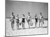1950s THREE TEENAGE COUPLES WALKING ON BEACH CARRYING PICNIC BASKET AND COOLER-Panoramic Images-Mounted Photographic Print