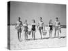 1950s THREE TEENAGE COUPLES WALKING ON BEACH CARRYING PICNIC BASKET AND COOLER-Panoramic Images-Stretched Canvas