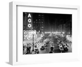 1953 Night Scene of Chicago, State Street with Traffic and Movie Marquee with Pedestrians-null-Framed Photographic Print