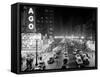 1953 Night Scene of Chicago, State Street with Traffic and Movie Marquee with Pedestrians-null-Framed Stretched Canvas