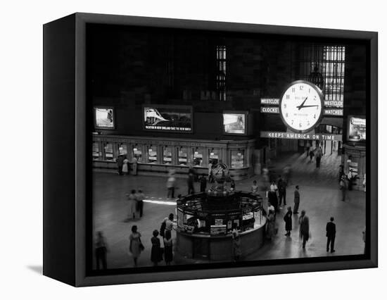 1959 Grand Central Passenger Railroad Station Main Hall Information Booth and Train Ticket-null-Framed Stretched Canvas