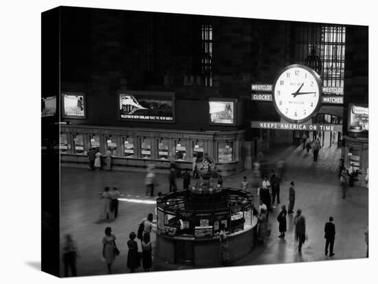 1959 Grand Central Passenger Railroad Station Main Hall Information Booth and Train Ticket-null-Stretched Canvas