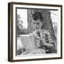 1960s 1970s BOY LEANING AGAINST TREE READING BOOK-Panoramic Images-Framed Photographic Print