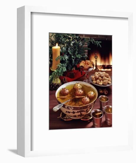 1960s 1970s CHRISTMAS PUNCH WASSAIL BOWL CLOVED ORANGES CIDER NUTS DRIED FRUIT CANDLE GREENS FIR...-Panoramic Images-Framed Photographic Print