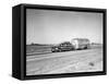 1960s-1970s Family Station Wagon and Camping Trailer Driving on Country Highway on Vacation-null-Framed Stretched Canvas