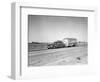 1960s-1970s Family Station Wagon and Camping Trailer Driving on Country Highway on Vacation-null-Framed Photographic Print