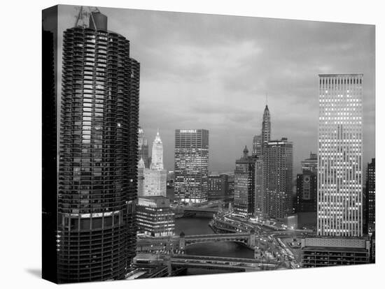 1960s Chicago, River Bridges and Downtown Skyline at Dusk Chicago,-null-Stretched Canvas