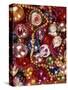 1960s OVERALL PATTERN OF PILE OF CHRISTMAS TREE DECORATIONS GLASS BALLS STRANDS OF BEADS COLORFUL-Panoramic Images-Stretched Canvas