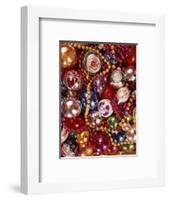 1960s OVERALL PATTERN OF PILE OF CHRISTMAS TREE DECORATIONS GLASS BALLS STRANDS OF BEADS COLORFUL-Panoramic Images-Framed Photographic Print