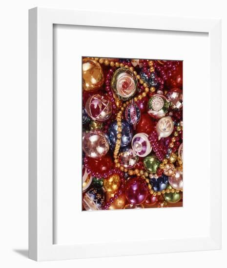 1960s OVERALL PATTERN OF PILE OF CHRISTMAS TREE DECORATIONS GLASS BALLS STRANDS OF BEADS COLORFUL-Panoramic Images-Framed Photographic Print