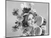 1960s SMILING WOMAN WAEARING GOOFY STRAW HAT PLAYING BONGO DRUMS-Panoramic Images-Mounted Photographic Print