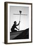 1967: Man Using a Broom to Improve the Antennae Reception During the Broadcast of Super Bowl I-Bill Ray-Framed Photographic Print