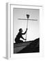 1967: Man Using a Broom to Improve the Antennae Reception During the Broadcast of Super Bowl I-Bill Ray-Framed Photographic Print