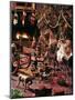 1970s 1980s OLD FASHIONED DECORATED CHRISTMAS TREE WITH POPCORN GARLANDS BY FIREPLACE ANTIQUE TOYS-Panoramic Images-Mounted Photographic Print