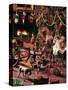 1970s 1980s OLD FASHIONED DECORATED CHRISTMAS TREE WITH POPCORN GARLANDS BY FIREPLACE ANTIQUE TOYS-Panoramic Images-Stretched Canvas