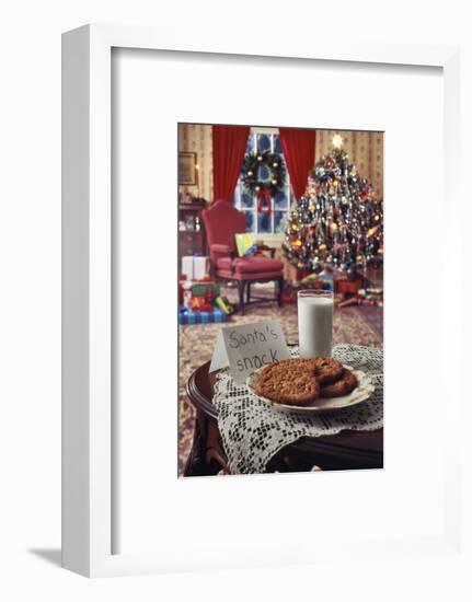 1970s CHRISTMAS INDOOR LIVING ROOM WITH TREE TOYS PRESENTS AND COOKIES AND MILK SNACK FOR SANTA...-Panoramic Images-Framed Photographic Print